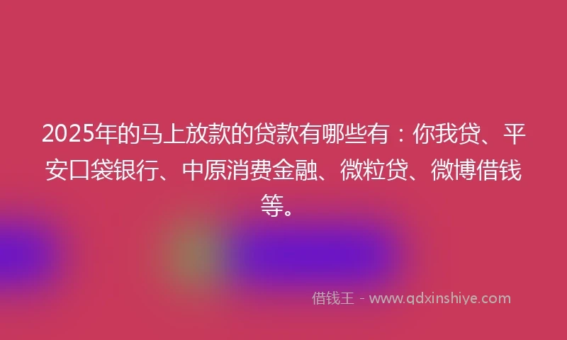 2025年的马上放款的贷款有哪些有：你我贷、平安口袋银行、中原消费金融、微粒贷、微博借钱等。