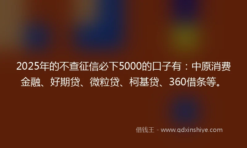2025年的不查征信必下5000的口子有：中原消费金融、好期贷、微粒贷、柯基贷、360借条等。