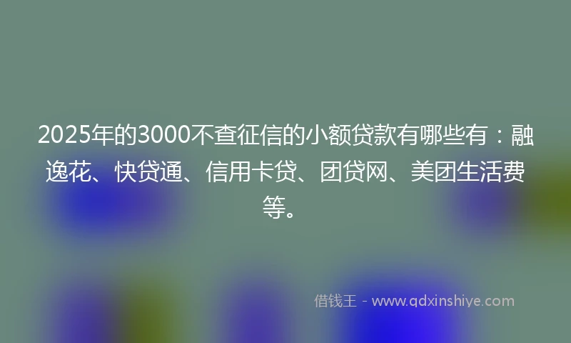 2025年的3000不查征信的小额贷款有哪些有：融逸花、快贷通、信用卡贷、团贷网、美团生活费等。