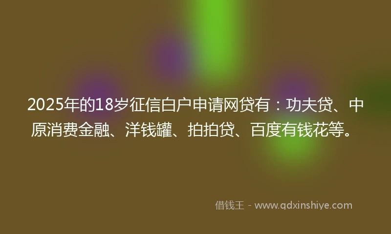 2025年的18岁征信白户申请网贷有：功夫贷、中原消费金融、洋钱罐、拍拍贷、百度有钱花等。