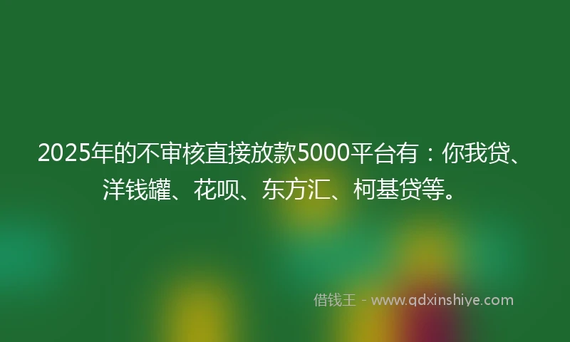 2025年的不审核直接放款5000平台有：你我贷、洋钱罐、花呗、东方汇、柯基贷等。