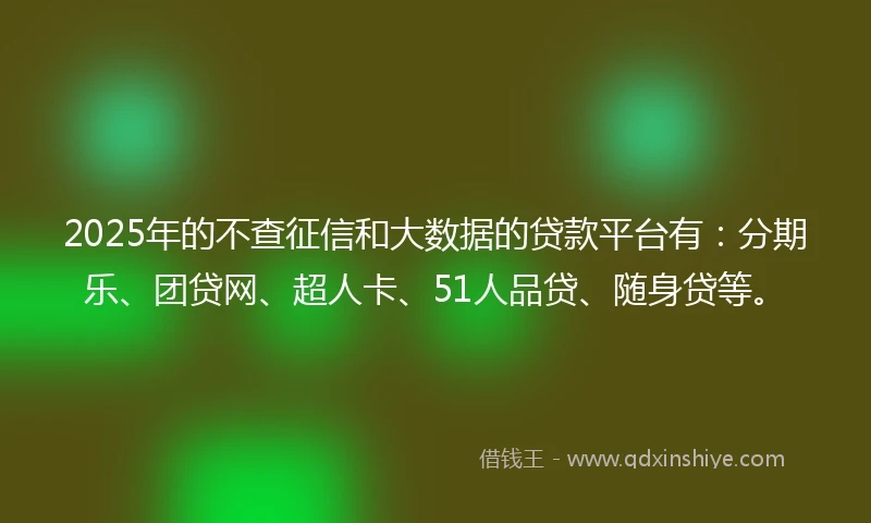 2025年的不查征信和大数据的贷款平台有：分期乐、团贷网、超人卡、51人品贷、随身贷等。