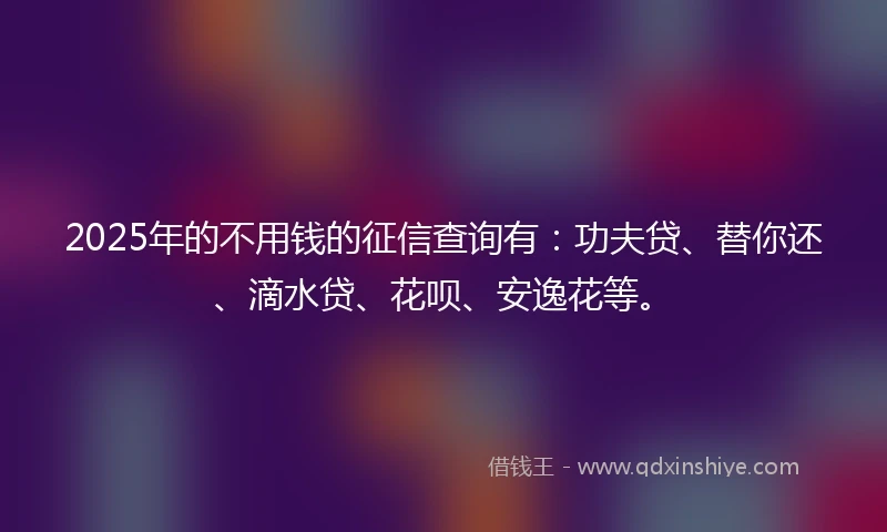 2025年的不用钱的征信查询有：功夫贷、替你还、滴水贷、花呗、安逸花等。