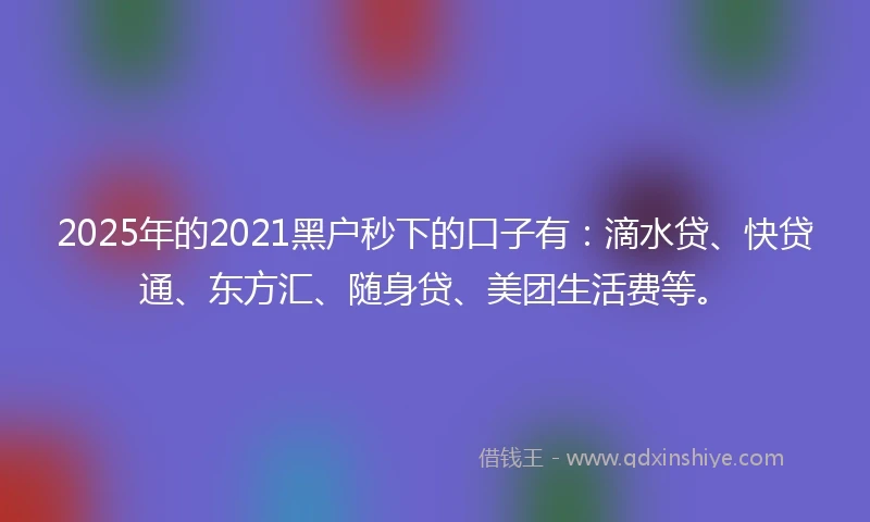 2025年的2021黑户秒下的口子有：滴水贷、快贷通、东方汇、随身贷、美团生活费等。