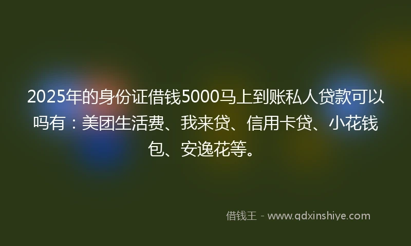 2025年的身份证借钱5000马上到账私人贷款可以吗有：美团生活费、我来贷、信用卡贷、小花钱包、安逸花等。