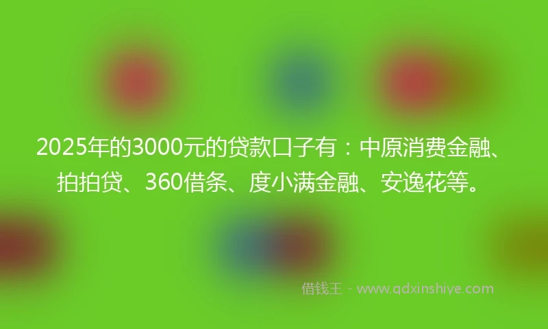 2025年的3000元的贷款口子有：中原消费金融、拍拍贷、360借条、度小满金融、安逸花等。