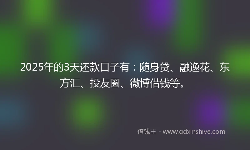 2025年的3天还款口子有：随身贷、融逸花、东方汇、投友圈、微博借钱等。