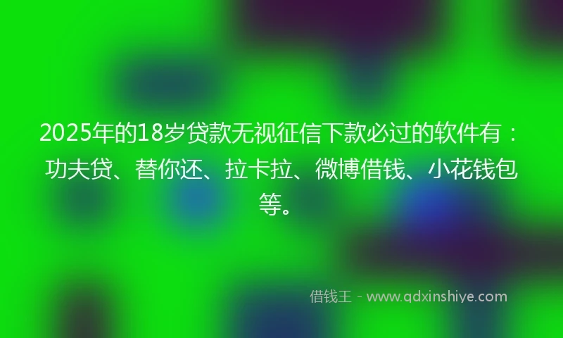 2025年的18岁贷款无视征信下款必过的软件有：功夫贷、替你还、拉卡拉、微博借钱、小花钱包等。