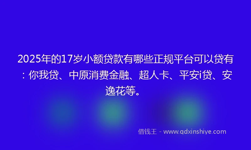 2025年的17岁小额贷款有哪些正规平台可以贷有：你我贷、中原消费金融、超人卡、平安i贷、安逸花等。