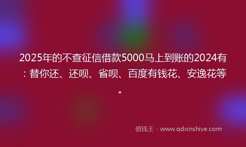 2025年的不查征信借款5000马上到账的2024有：替你还、还呗、省呗、百度有钱花、安逸花等。