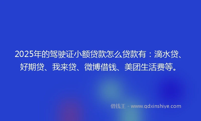 2025年的驾驶证小额贷款怎么贷款有：滴水贷、好期贷、我来贷、微博借钱、美团生活费等。