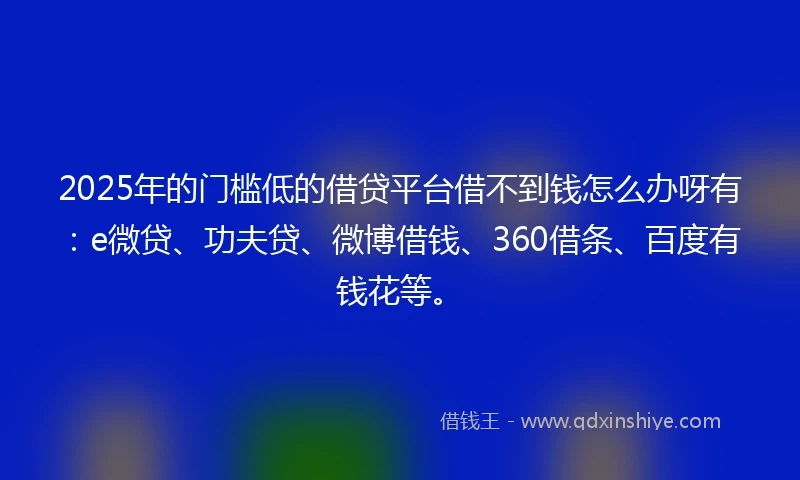 2025年的门槛低的借贷平台借不到钱怎么办呀有：e微贷、功夫贷、微博借钱、360借条、百度有钱花等。