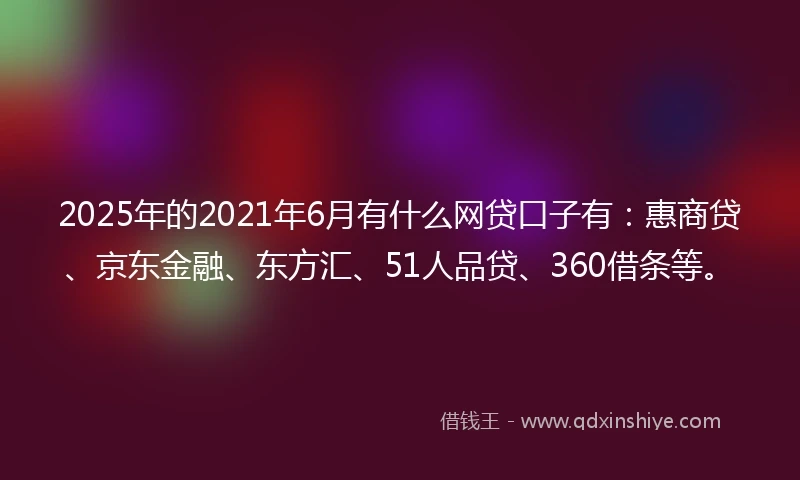 2025年的2021年6月有什么网贷口子有：惠商贷、京东金融、东方汇、51人品贷、360借条等。