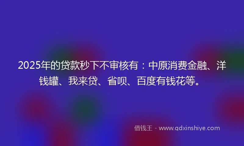 2025年的贷款秒下不审核有：中原消费金融、洋钱罐、我来贷、省呗、百度有钱花等。