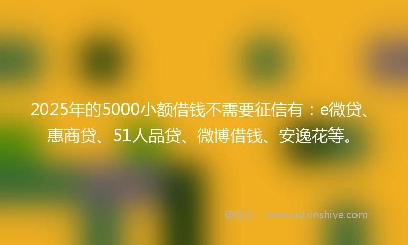 2025年的5000小额借钱不需要征信有：e微贷、惠商贷、51人品贷、微博借钱、安逸花等。