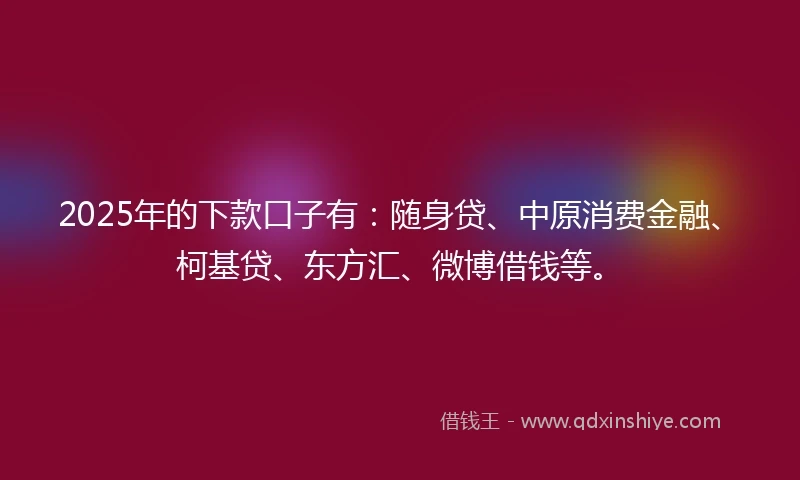 2025年的下款口子有：随身贷、中原消费金融、柯基贷、东方汇、微博借钱等。