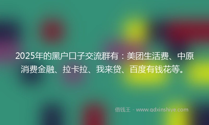 2025年的黑户口子交流群有：美团生活费、中原消费金融、拉卡拉、我来贷、百度有钱花等。