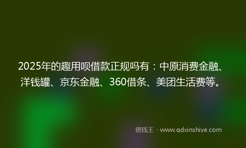 2025年的趣用呗借款正规吗有：中原消费金融、洋钱罐、京东金融、360借条、美团生活费等。