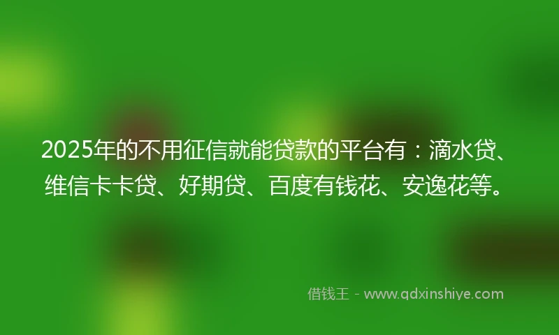 2025年的不用征信就能贷款的平台有：滴水贷、维信卡卡贷、好期贷、百度有钱花、安逸花等。