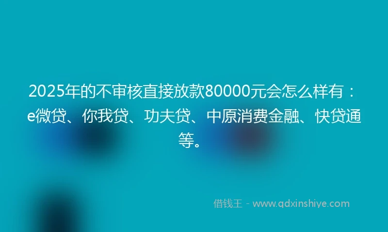 2025年的不审核直接放款80000元会怎么样有：e微贷、你我贷、功夫贷、中原消费金融、快贷通等。