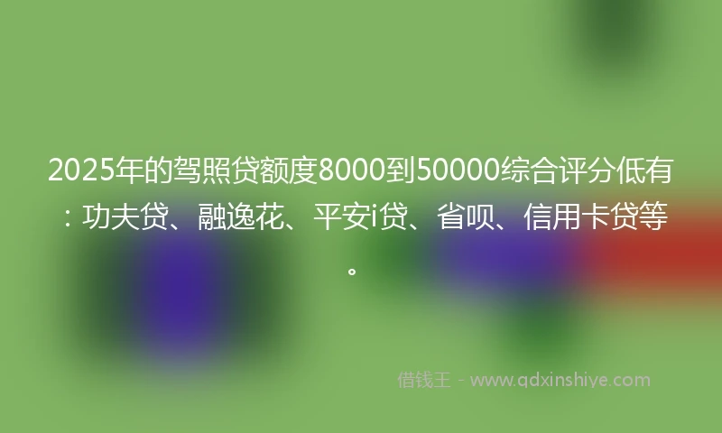 2025年的驾照贷额度8000到50000综合评分低有：功夫贷、融逸花、平安i贷、省呗、信用卡贷等。