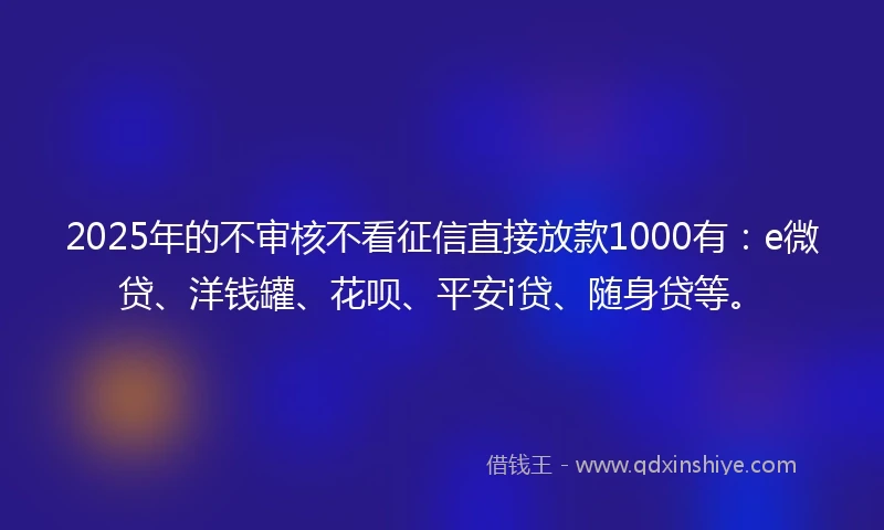 2025年的不审核不看征信直接放款1000有：e微贷、洋钱罐、花呗、平安i贷、随身贷等。