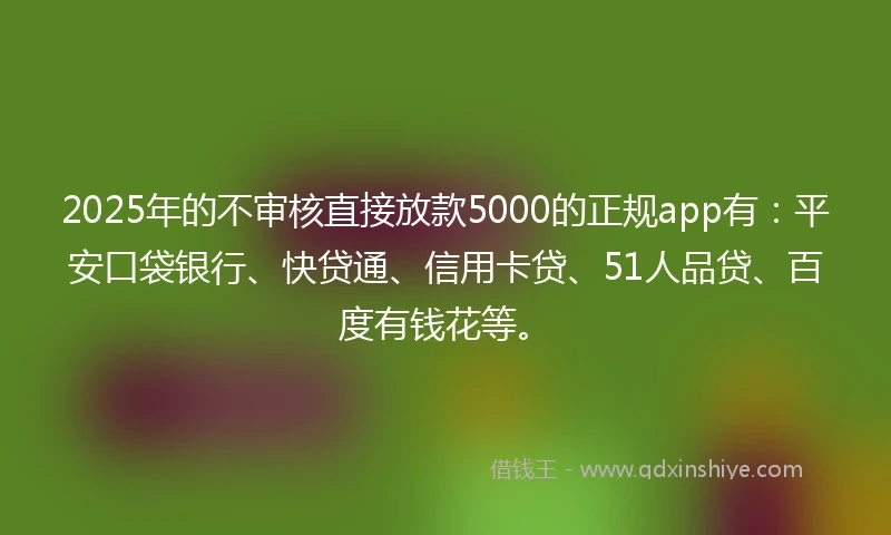 2025年的不审核直接放款5000的正规app有：平安口袋银行、快贷通、信用卡贷、51人品贷、百度有钱花等。