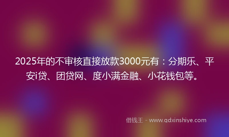 2025年的不审核直接放款3000元有：分期乐、平安i贷、团贷网、度小满金融、小花钱包等。