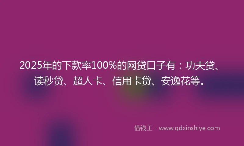 2025年的下款率100%的网贷口子有：功夫贷、读秒贷、超人卡、信用卡贷、安逸花等。