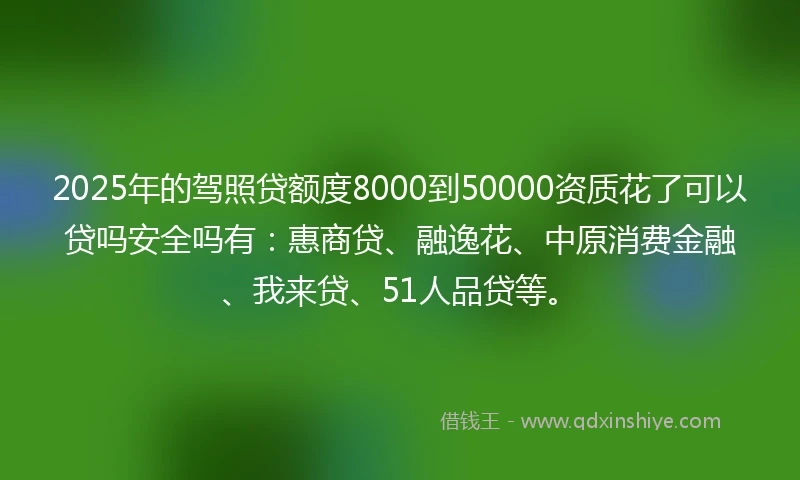 2025年的驾照贷额度8000到50000资质花了可以贷吗安全吗有：惠商贷、融逸花、中原消费金融、我来贷、51人品贷等。