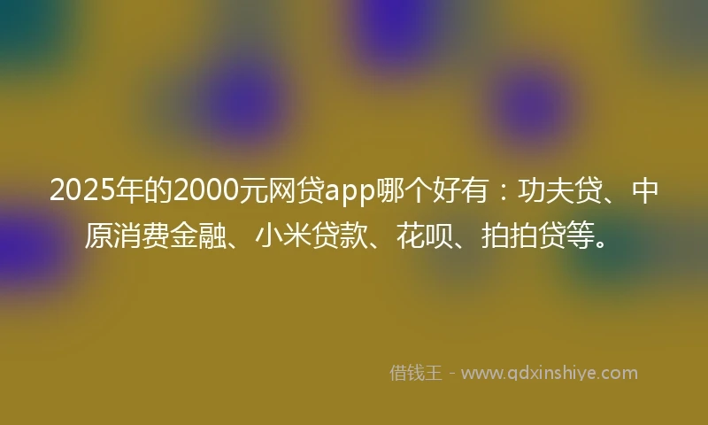 2025年的2000元网贷app哪个好有：功夫贷、中原消费金融、小米贷款、花呗、拍拍贷等。