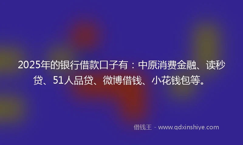 2025年的银行借款口子有：中原消费金融、读秒贷、51人品贷、微博借钱、小花钱包等。