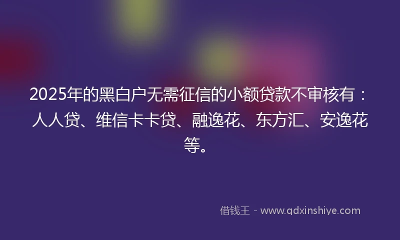 2025年的黑白户无需征信的小额贷款不审核有：人人贷、维信卡卡贷、融逸花、东方汇、安逸花等。