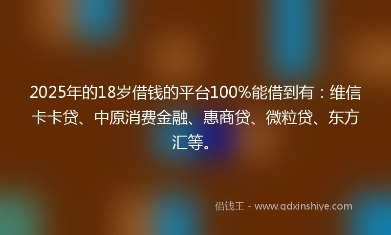 2025年的18岁借钱的平台100%能借到有：维信卡卡贷、中原消费金融、惠商贷、微粒贷、东方汇等。