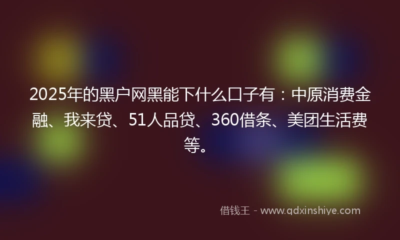 2025年的黑户网黑能下什么口子有：中原消费金融、我来贷、51人品贷、360借条、美团生活费等。