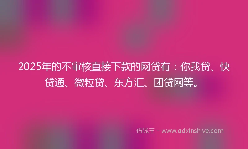 2025年的不审核直接下款的网贷有：你我贷、快贷通、微粒贷、东方汇、团贷网等。