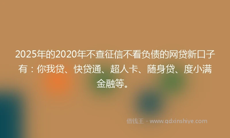 2025年的2020年不查征信不看负债的网贷新口子有：你我贷、快贷通、超人卡、随身贷、度小满金融等。