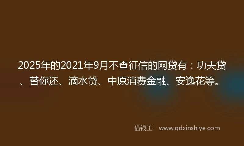 2025年的2021年9月不查征信的网贷有：功夫贷、替你还、滴水贷、中原消费金融、安逸花等。