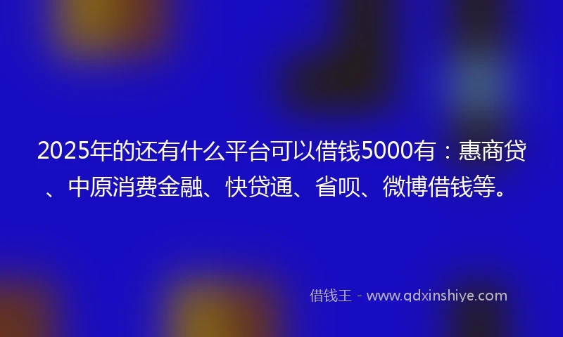2025年的还有什么平台可以借钱5000有：惠商贷、中原消费金融、快贷通、省呗、微博借钱等。