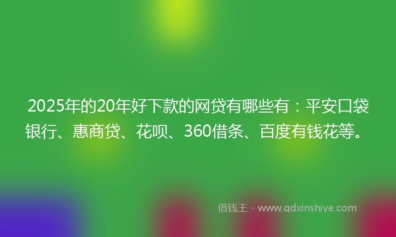 2025年的20年好下款的网贷有哪些有：平安口袋银行、惠商贷、花呗、360借条、百度有钱花等。