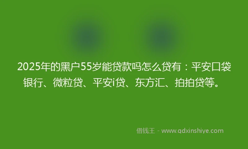 2025年的黑户55岁能贷款吗怎么贷有：平安口袋银行、微粒贷、平安i贷、东方汇、拍拍贷等。