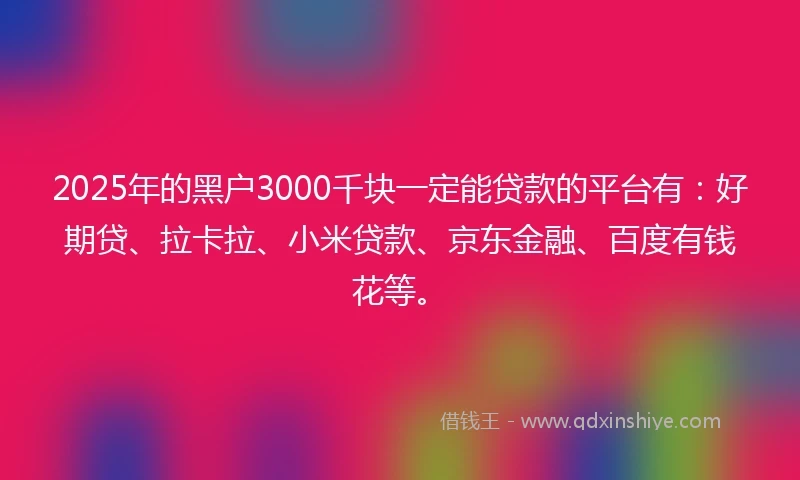 2025年的黑户3000千块一定能贷款的平台有：好期贷、拉卡拉、小米贷款、京东金融、百度有钱花等。