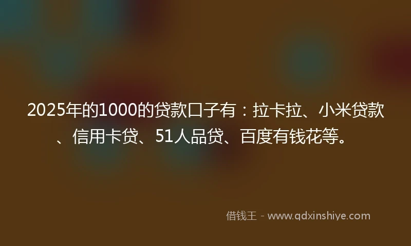 2025年的1000的贷款口子有：拉卡拉、小米贷款、信用卡贷、51人品贷、百度有钱花等。