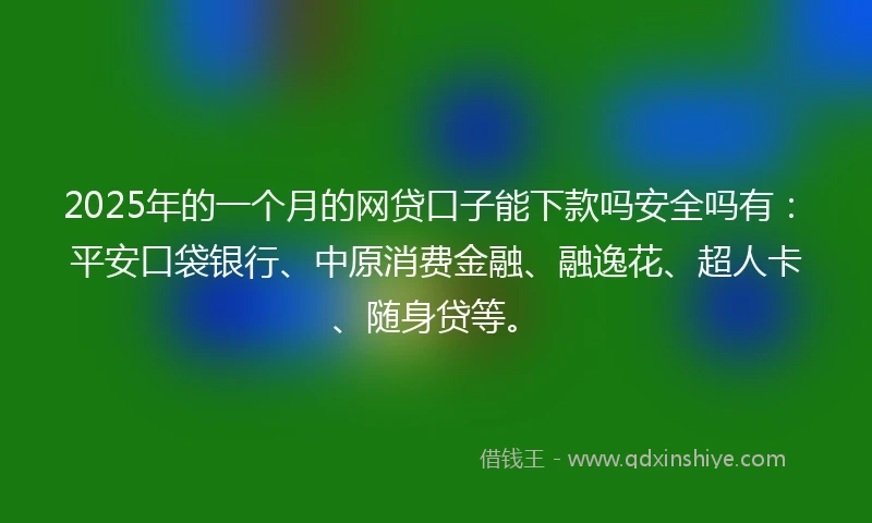 2025年的一个月的网贷口子能下款吗安全吗有：平安口袋银行、中原消费金融、融逸花、超人卡、随身贷等。