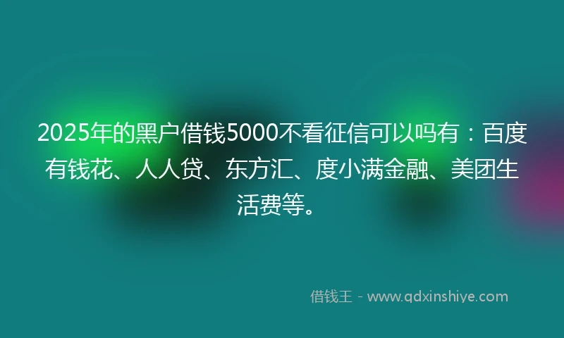 2025年的黑户借钱5000不看征信可以吗有：百度有钱花、人人贷、东方汇、度小满金融、美团生活费等。