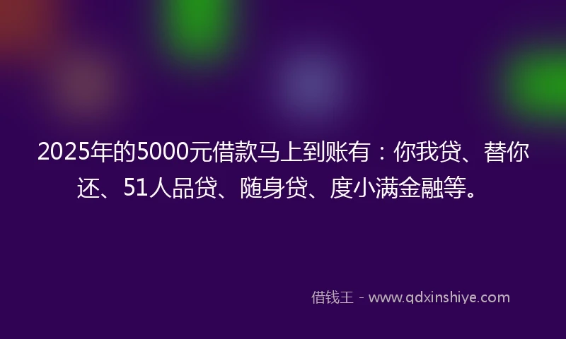 2025年的5000元借款马上到账有：你我贷、替你还、51人品贷、随身贷、度小满金融等。