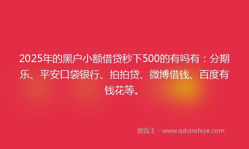 2025年的黑户小额借贷秒下500的有吗有：分期乐、平安口袋银行、拍拍贷、微博借钱、百度有钱花等。