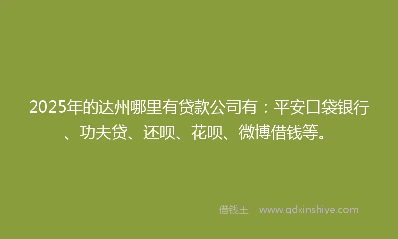 2025年的达州哪里有贷款公司有：平安口袋银行、功夫贷、还呗、花呗、微博借钱等。