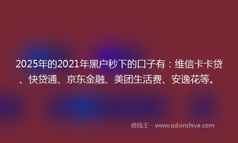 2025年的2021年黑户秒下的口子有：维信卡卡贷、快贷通、京东金融、美团生活费、安逸花等。