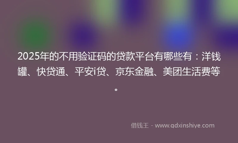 2025年的不用验证码的贷款平台有哪些有：洋钱罐、快贷通、平安i贷、京东金融、美团生活费等。